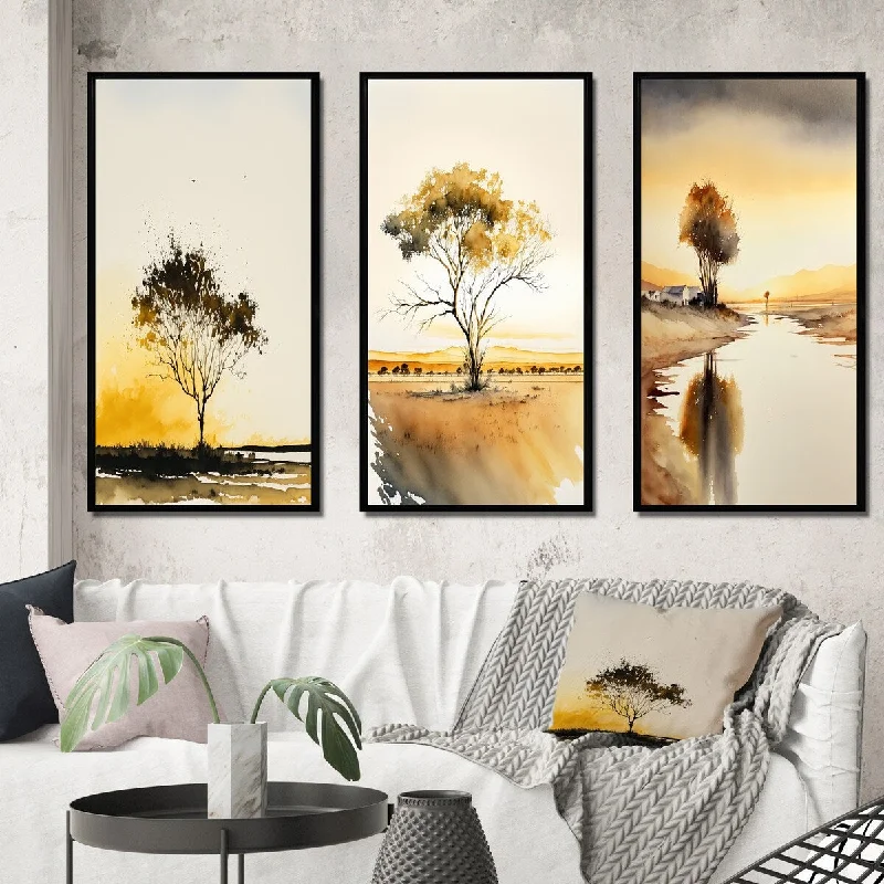 large black and white canvas prints-Designart "Tree In The Countryside At Sunset I" Landscape Forest Framed Wall Art Set Of 3 - Country For Home Decor