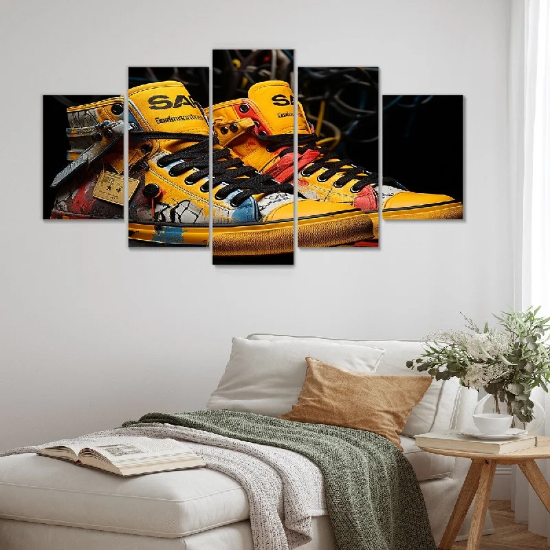 geometric modern wall decor-Designart "Urban Edge Yellow Sneakers" Yellow Balenciaga Set Of 5 - Glam Oversized Canvas Art Print For Home Decor