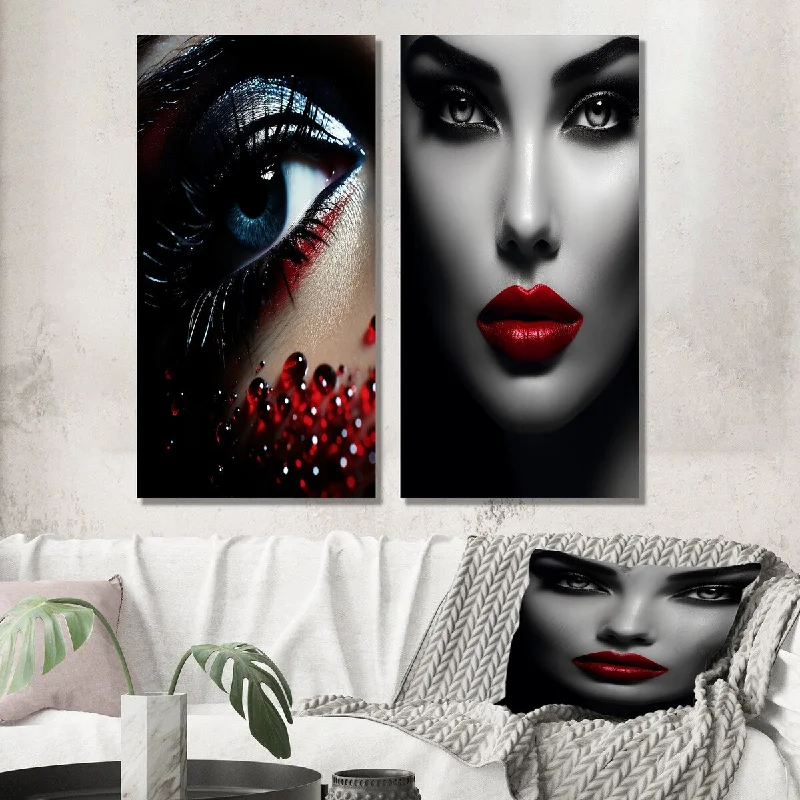 nature themed wall prints-Designart "Vintage Glam Blue Woman Eye" Fashion Woman Wall Art Set of 2 - Glam Wall Art For Bedroom