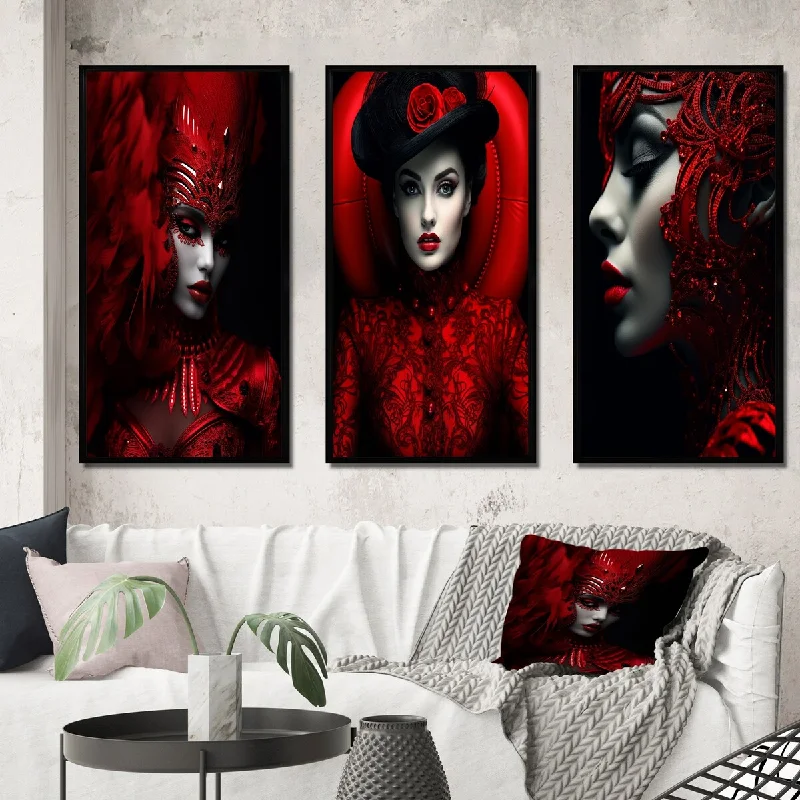 vibrant abstract art decor-Designart "Vintage Glam Mysterious Scarlet Beauty Lady" Fashion Woman Framed Wall Art Set Of 3 - Glam For Home Decor