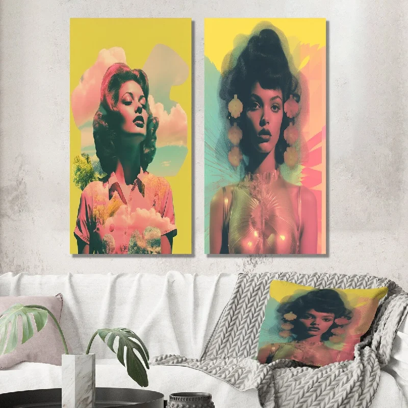 minimalist floral wall art-Designart "Vintage Woman Portrait Iconic Polaroid Pop Art IV" Pop Art Wall Set of 2 - Glam Living Room Decor