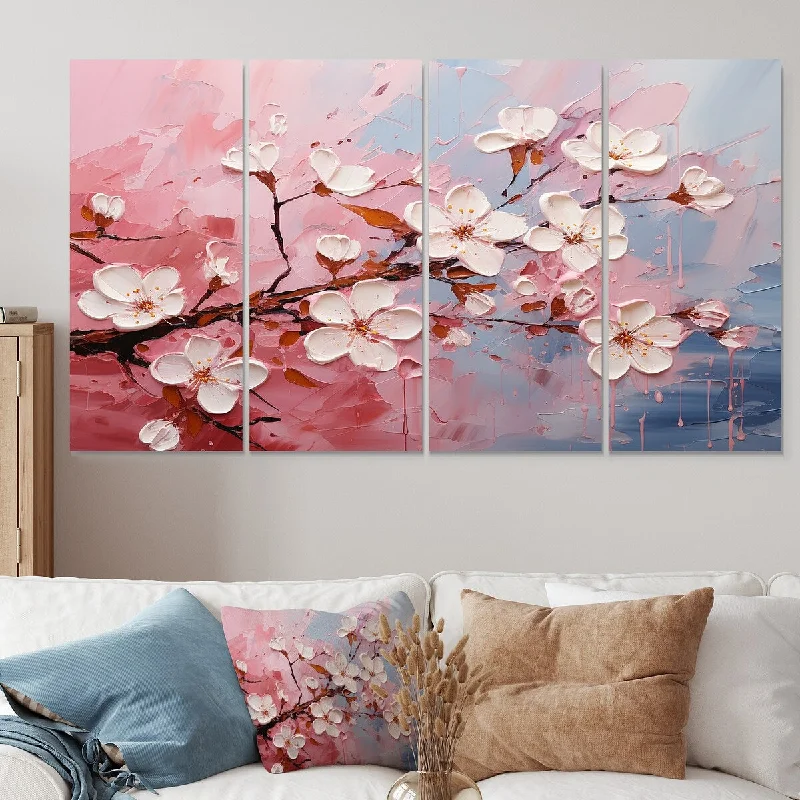 oversized floral canvas art-Designart "White And Pink Cherry Tree Bloom III" Cherry Extra Large Canvas Set Of 4 Oversized Traditional Wall Art Decor