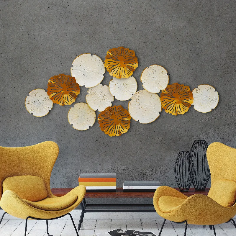 retro style abstract paintings-Elegant Golden & White Floral Metal Wall Art