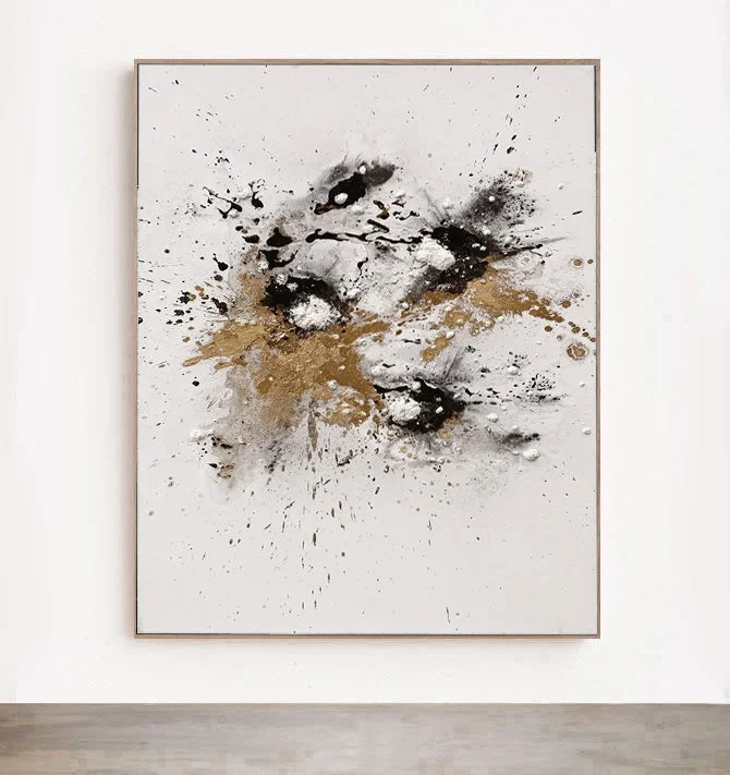 geometric art for office walls-Splash - Large Black White and Gold Abstract Wall Art Painting