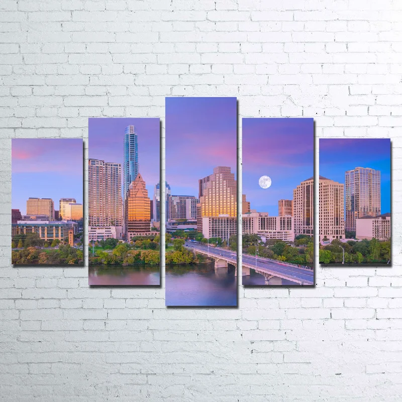 contemporary beach art prints-Moon Over Austin Canvas Set