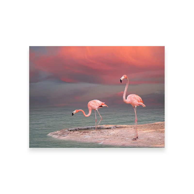 botanical watercolor wall prints-Pink Flamingo's on the Coast