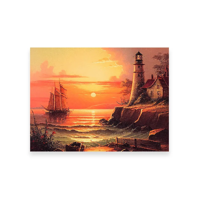 contemporary vintage canvas wall art-Sailing Past a Lighthouse and Sunset